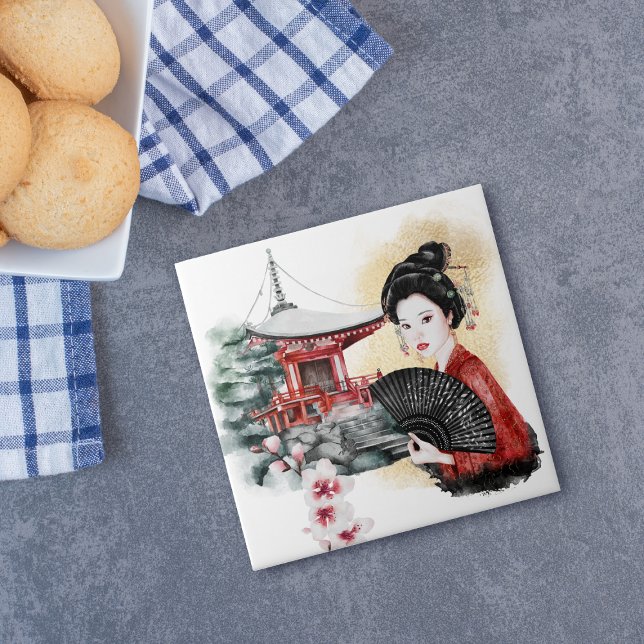 Elegant Japanese Pagoda Geisha Girl Ceramic Tile (Creator Uploaded)