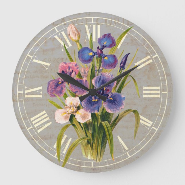 Elegant Japanese Purple Irises Antique Style Large Clock (Front)