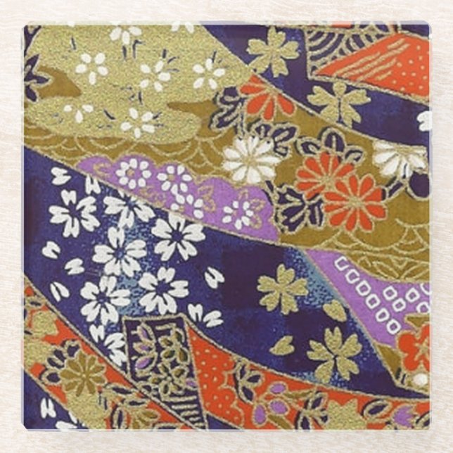 Elegant Japanese Washi Origami Modern Flowers Glass Coaster (Front)