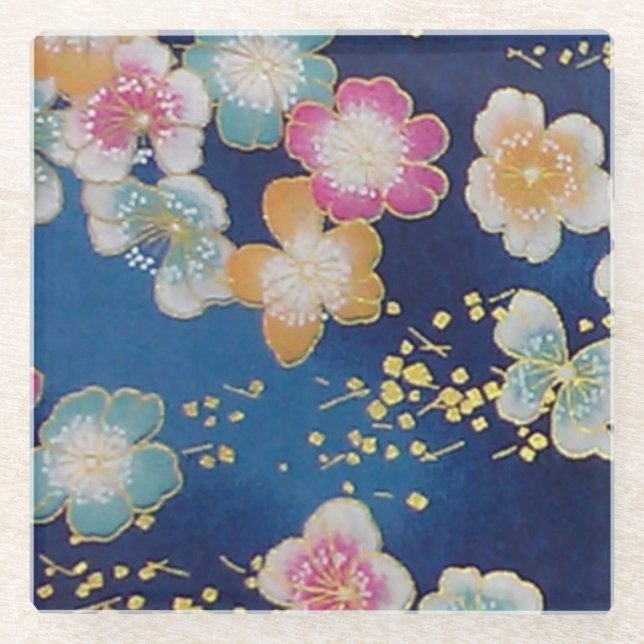 Elegant Japanese Washi Origami Modern Flowers Glass Coaster (Front)