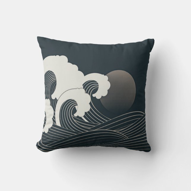 Elegant Japanese Waves Black and White Artwork | Cushion (Front)