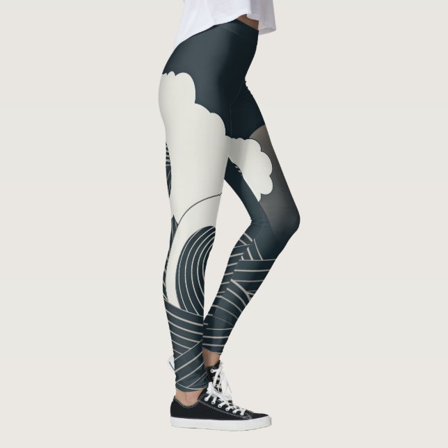 Elegant Japanese Waves Black and White Artwork | Leggings (Right)