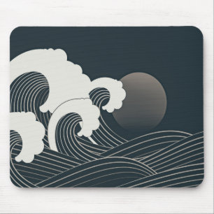 Elegant Japanese Waves Black and White Artwork Mouse Pad