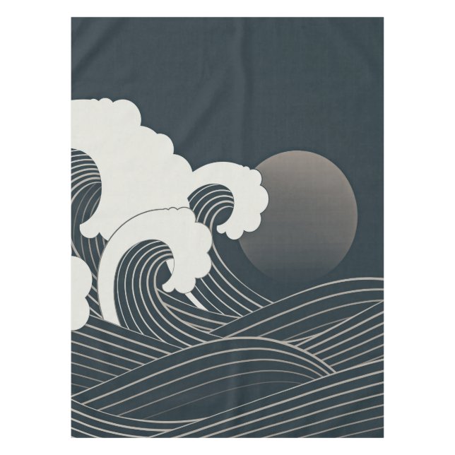 Elegant Japanese Waves Black and White Artwork | Tablecloth (Front)