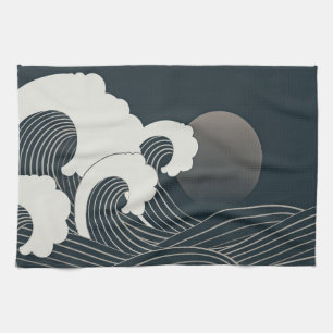 Elegant Japanese Waves Black and White Artwork Tea Towel