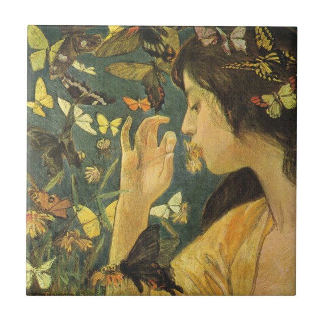 Elegant Japanese Woman With Beautiful Butterflies Ceramic Tile (Front)