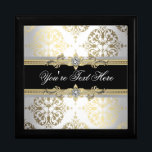 Elegant Jewel Black Damask Keepsake Gift Box<br><div class="desc">Black damask keepsake gift box. Black gold keepsake gift boxes. Elegant black gift boxes. Black damask gold gift boxes. Black gold jewellery box. Add your details to the front by simply choosing the "Customise it!" button to begin adding your event details, font style, font size & colour, and wording. Please...</div>
