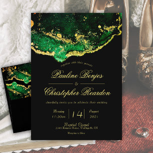 Elegant Jewel-Tone Green Black Gold Wedding Invitation