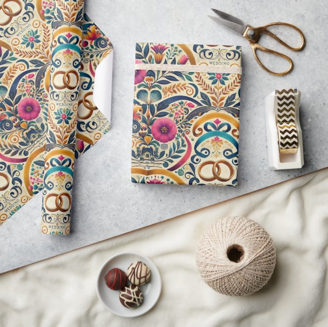 Elegant Jewel-Toned with Intertwined Rings Wedding Wrapping Paper (Crafts)