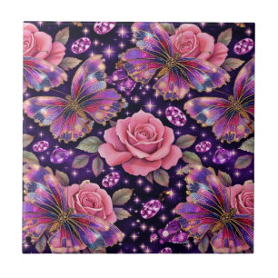 Elegant Jewelled Butterfly Pinnk Rose Glam Pattern Ceramic Tile