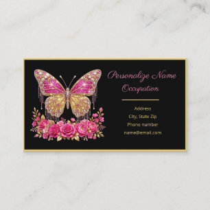 Elegant Jewelled Butterfly & Rose Pink Black Gold Business Card
