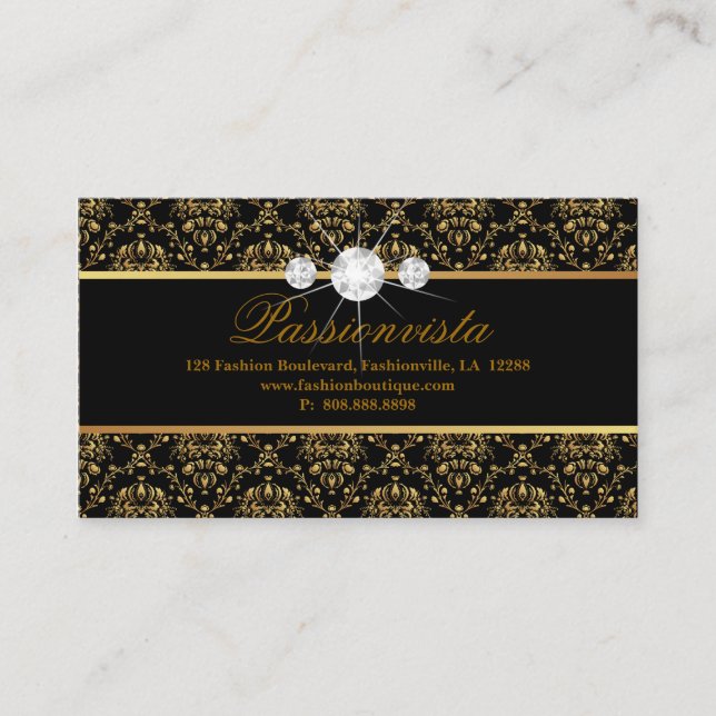 Elegant Jewellery Diamonds Gold Black Damask Business Card (Front)