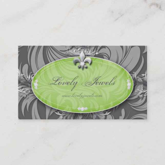 Elegant Jewellery Fashion Fleur de lis Green Grey Business Card (Front)