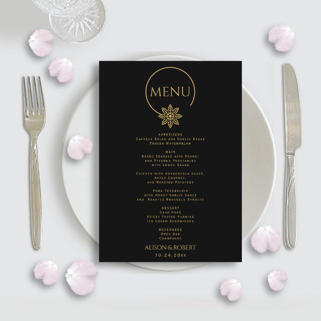 Elegant jewellery inspired frame and flower weddin menu (Creator Uploaded)
