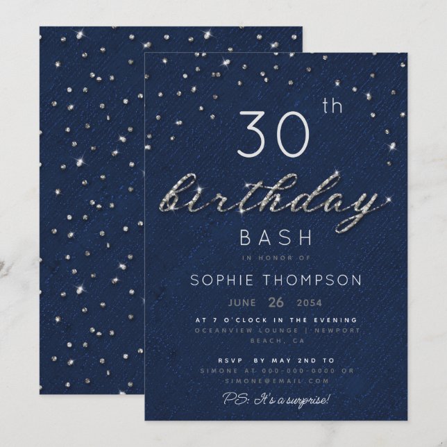 Elegant Jewels Navy Sparkle Glitter Birthday Party Invitation (Front/Back)