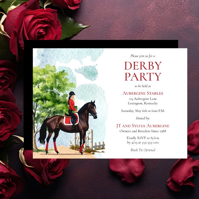 Elegant Jockey and Race Horse Derby Party Invitation (Elegant Girl Jockey in Red and Black and Race Horse Derby Party Invitation)