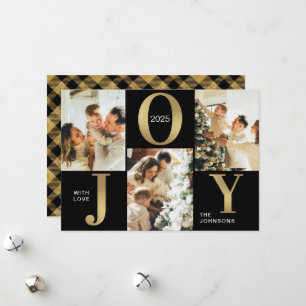 Elegant Joy Black Gold Photo Collage Christmas  Holiday Card