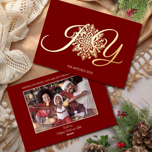 Elegant JOY Burgundy Christmas Photo Gold Foil Holiday Card (Creator Uploaded)