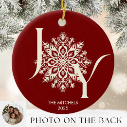 Elegant JOY Burgundy Photo Christmas Ornament