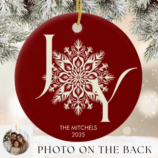 Elegant JOY Burgundy Photo Christmas Ornament (Creator Uploaded)