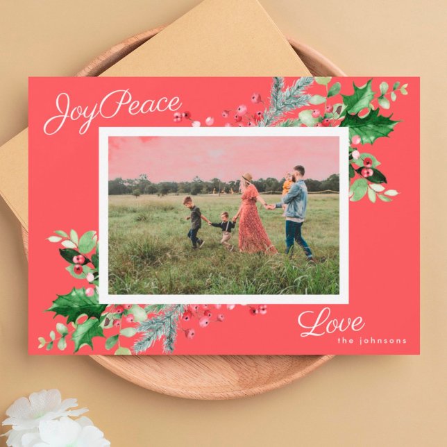 Elegant Joy | Cherry Border Greenery Foliage Photo Holiday Card (Creator Uploaded)