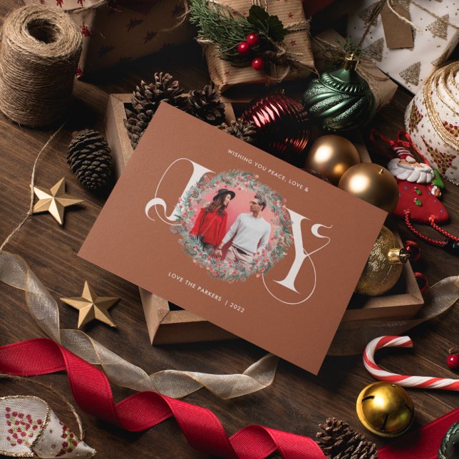 Elegant JOY Christmas Wreath Leaves Berries Photo  Holiday Card (Creator Uploaded)