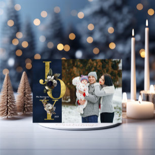 Elegant JOY Floral Gold Photo Christmas Holiday Invitation