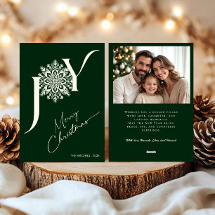 Elegant JOY Forest Green Photo Christmas Holiday Card