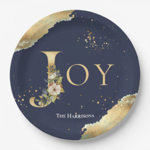 Elegant Joy Gold Foil Floral Blue Christmas Paper Plate