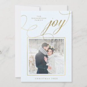 Elegant Joy   Gold Script on Soft Blue with Photo Holiday Card