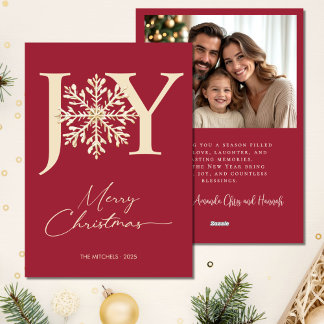 Elegant JOY Gold Snowflake Photo Christmas Holiday Card