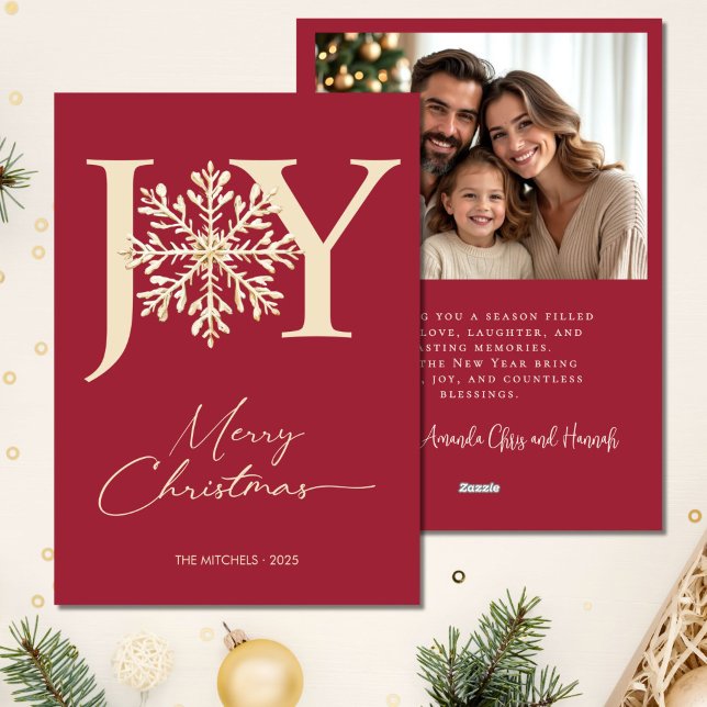Elegant JOY Gold Snowflake Photo Christmas Holiday Card (Creator Uploaded)