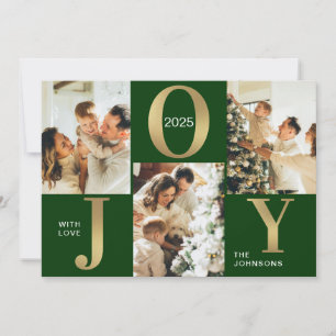 Elegant Joy Green Gold Photo Collage Christmas  Holiday Card