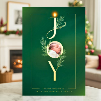 Elegant Joy Minimalist Photo Christmas Botanical Foil Holiday Card