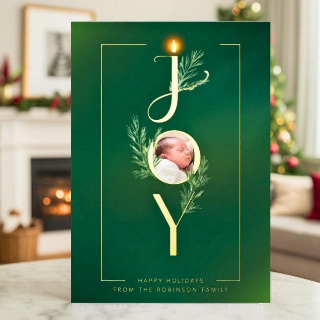 Elegant Joy Minimalist Photo Christmas Botanical Foil Holiday Card (Creator Uploaded)