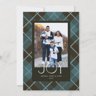 Elegant Joy Photo Black Turquoise Plaid Holiday Card