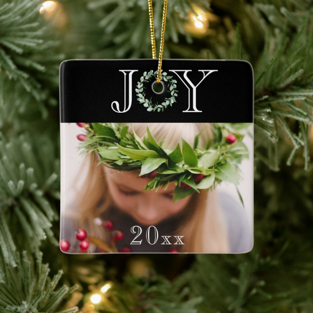 Elegant Joy Photo Personalised Holiday Christmas  Ceramic Ornament (Tree)