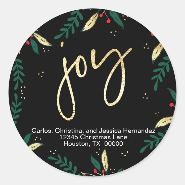 Elegant Joy Red Gold Greenery on Black Christmas Classic Round Sticker (Front)