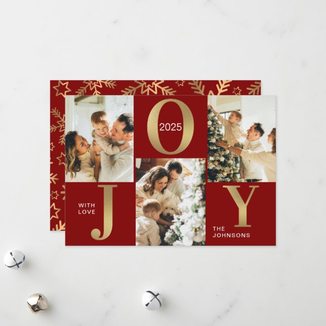 Elegant Joy Red Gold Photo Collage Christmas  Holiday Card (Front/Back In Situ)