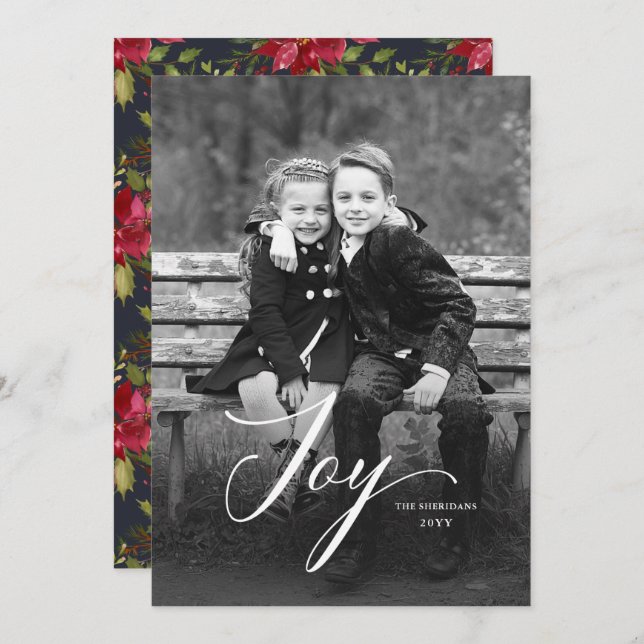 Elegant Joy Script Poinsettia Christmas Full Photo Holiday Card (Front/Back)