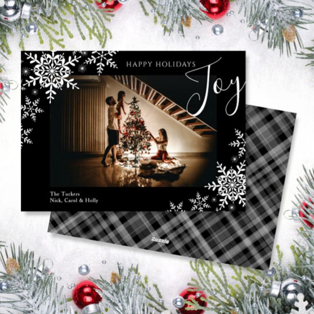 Elegant Joy Snowflakes Plaid Happy Holidays Photo Holiday Card (Creator Uploaded)