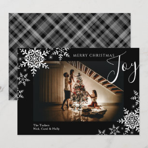 Elegant Joy Snowflakes Plaid Merry Christmas Photo Holiday Card