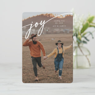 Elegant 'Joy' White Script New Year Flat Photo Holiday Card
