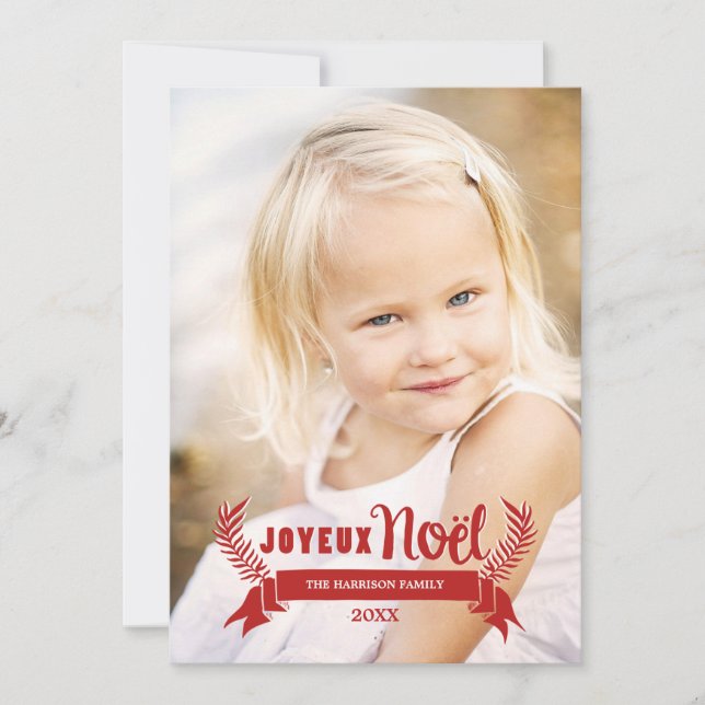 Elegant Joyeux Noel Rustic Snowflakes Photo Red Holiday Card (Front)