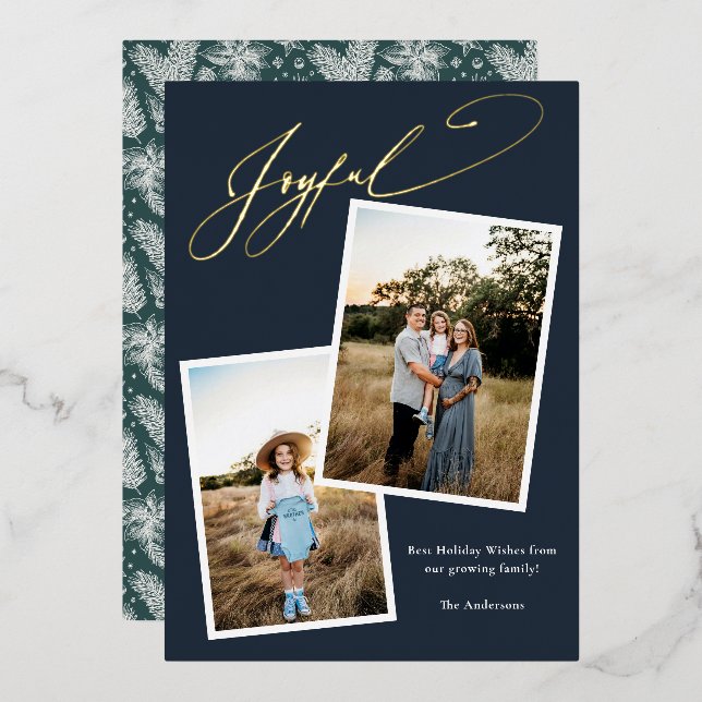 Elegant Joyful Blue Calligraphy Photo Pregnancy Foil Holiday Card (Front/Back)