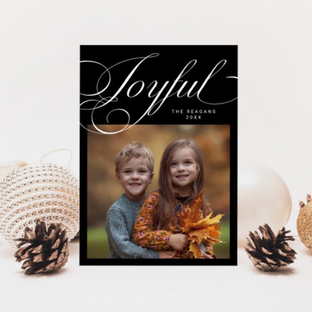 Elegant Joyful Calligraphy Photo Black Holiday Card (Creator Uploaded)