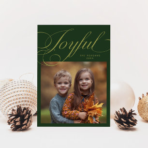 Elegant Joyful Calligraphy Photo Green Holiday Card