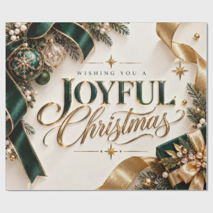 Elegant Joyful Christmas Emerald Gold Wrapping Paper