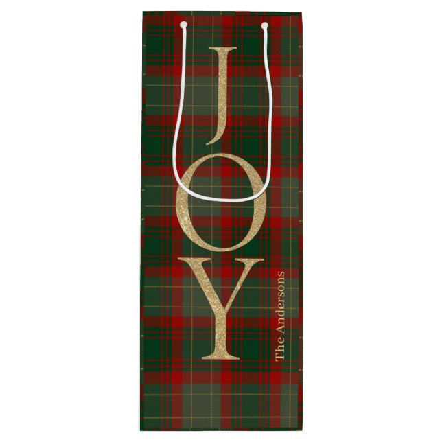 Elegant Joyful Christmas script tartan red Wine Gift Bag (Front)