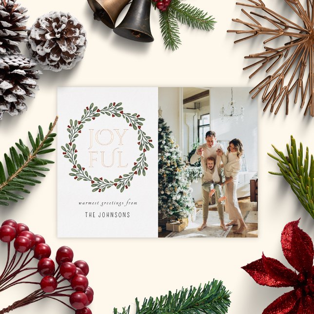 Elegant Joyful Christmas Wreath Photo Script Foil Holiday Postcard (Creator Uploaded)